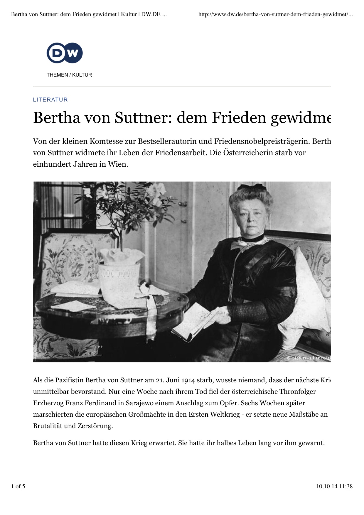 Bertha von  Suttner – dem Frieden gewidmet